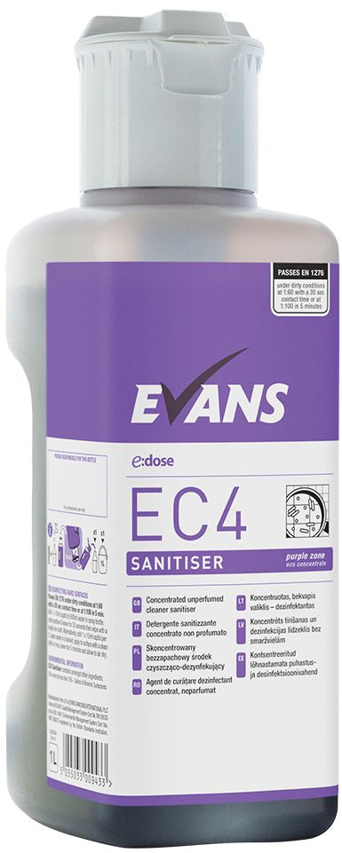 Evans E Dose EC4 Unperfumed Sanitiser Super Concentrate 1Ltr 4 Pack